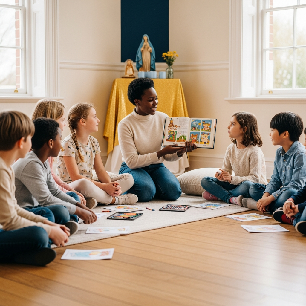 Diverse children at Madonna Missionaries's First Communion preparation class, listening as a catechist reads from an illustrated Bible.