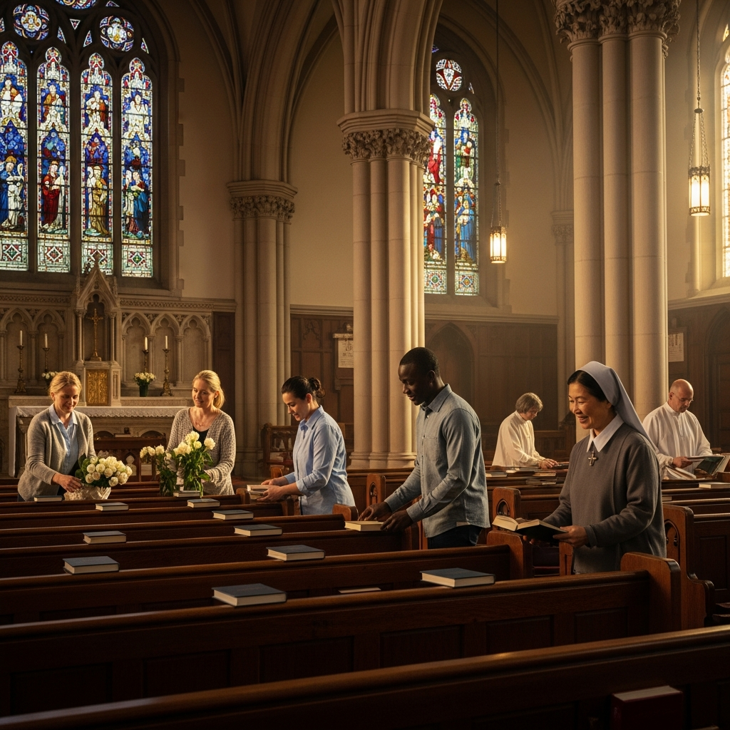 Diverse Madonna Missionaries volunteers preparing the church before Sunday Mass — arranging flowers, setting out hymn books, welcoming arrivals.
