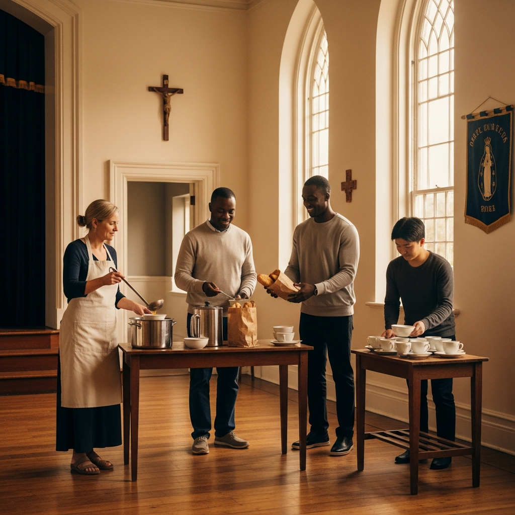 Diverse Madonna Missionaries volunteers serving warm soup and bread at the community soup kitchen.