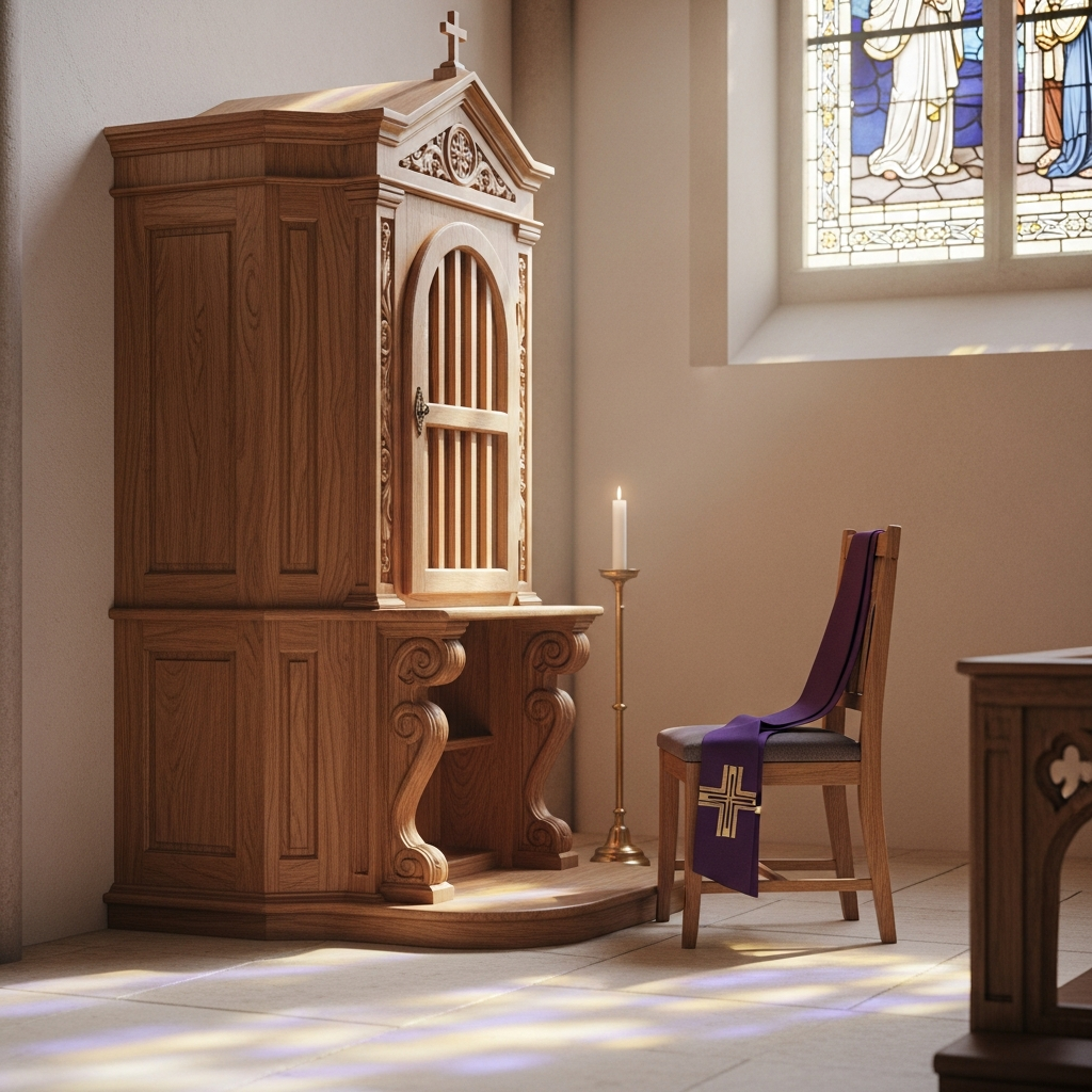 Wooden confessional inside Madonna Missionaries church, lit by gentle stained-glass light, a place of mercy and welcome.