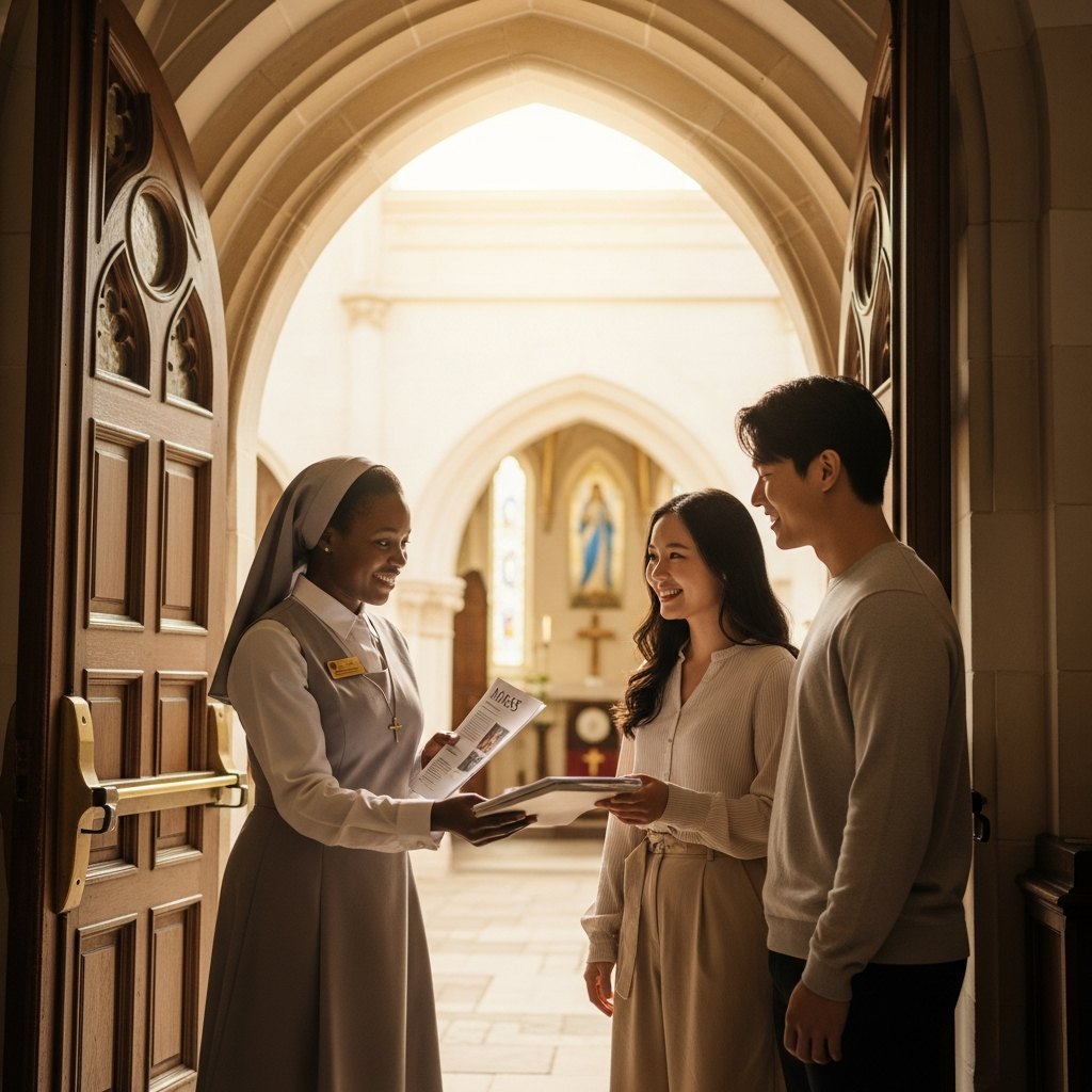 African welcomer handing a hymn book to an Asian couple at the entrance of Madonna Missionaries church.