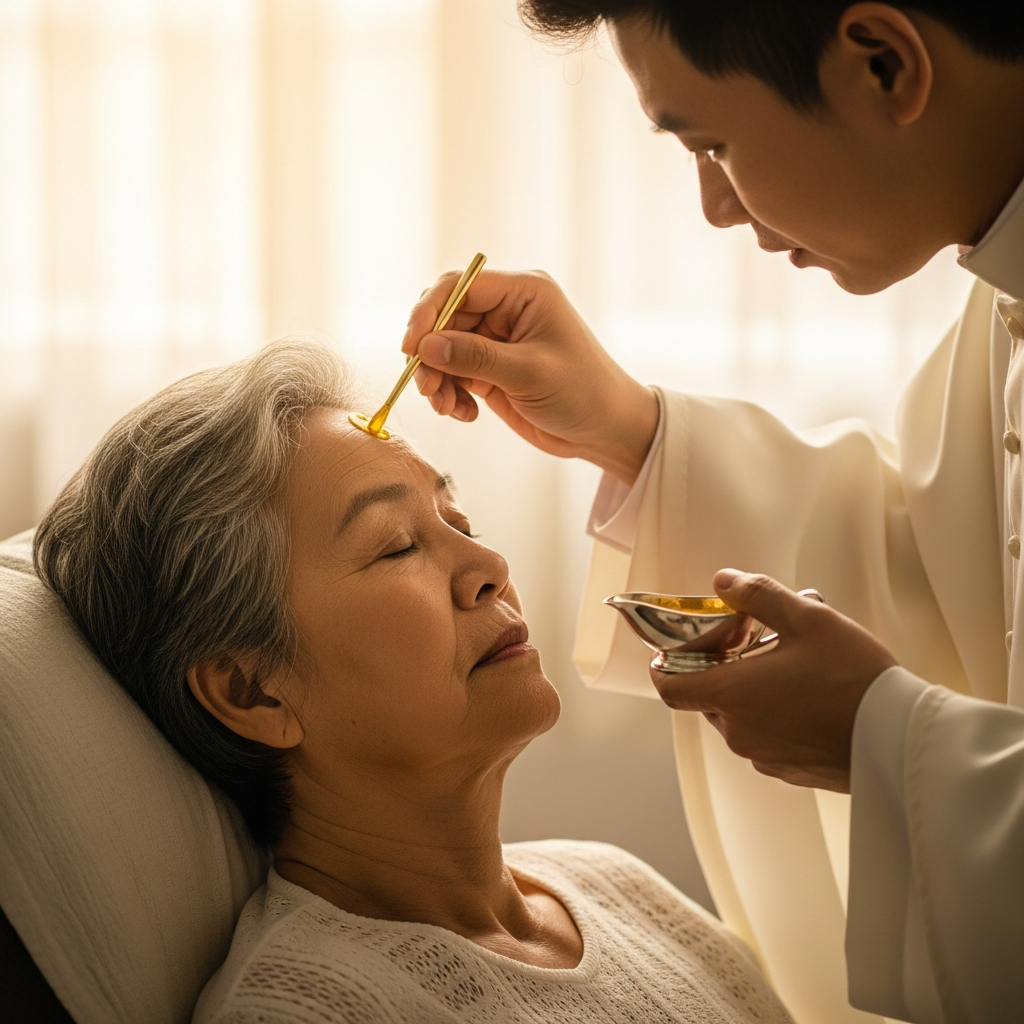 Priest anointing the forehead of an elderly parishioner with sacred oil during the Anointing of the Sick at Madonna Missionaries.