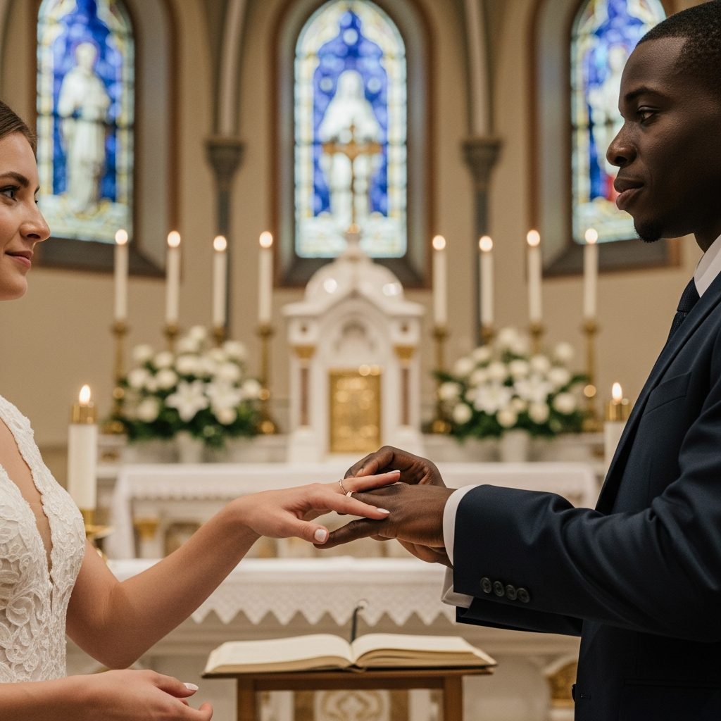 Bride and groom exchanging rings at the altar during a Catholic wedding Mass at Madonna Missionaries.