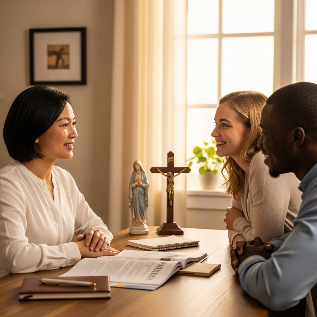 Couple meeting with the community administrator at Madonna Missionaries to begin sacramental preparation.